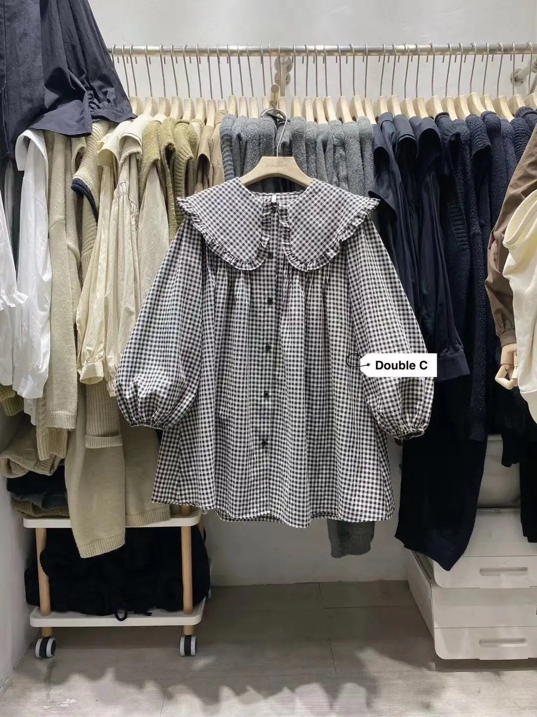 Shirts Women Spring New Plaid Peter Pan Collar Ruffles Loose All-match College Japanese Mujer Kawaii Swwet Tender Chemise Femme.