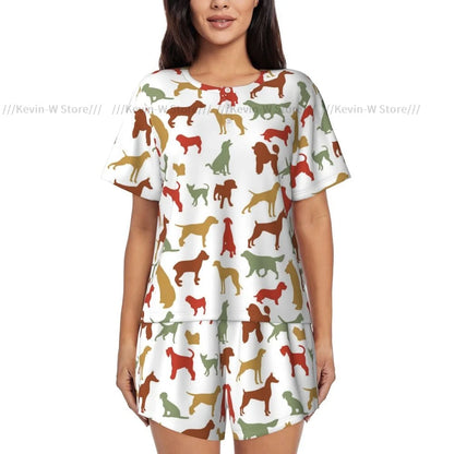 Zweiteiliges Damen-Pyjama-Set mit Rundhalsausschnitt und kurzen Ärmeln. Dog Breed, lässiges Pyjama-Set für zu Hause