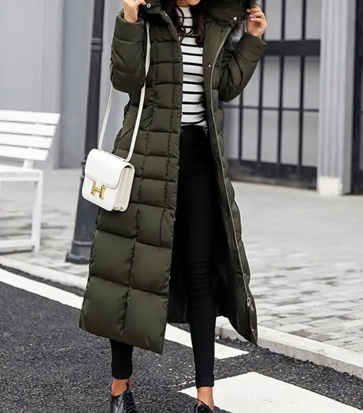 Neue Wintermode Langarm Pelzkragen Reißverschluss Einfarbig Slim Fit Lange Version Dicke Daunenjacke Mit Kapuze Für Frauen, 6 Farben.