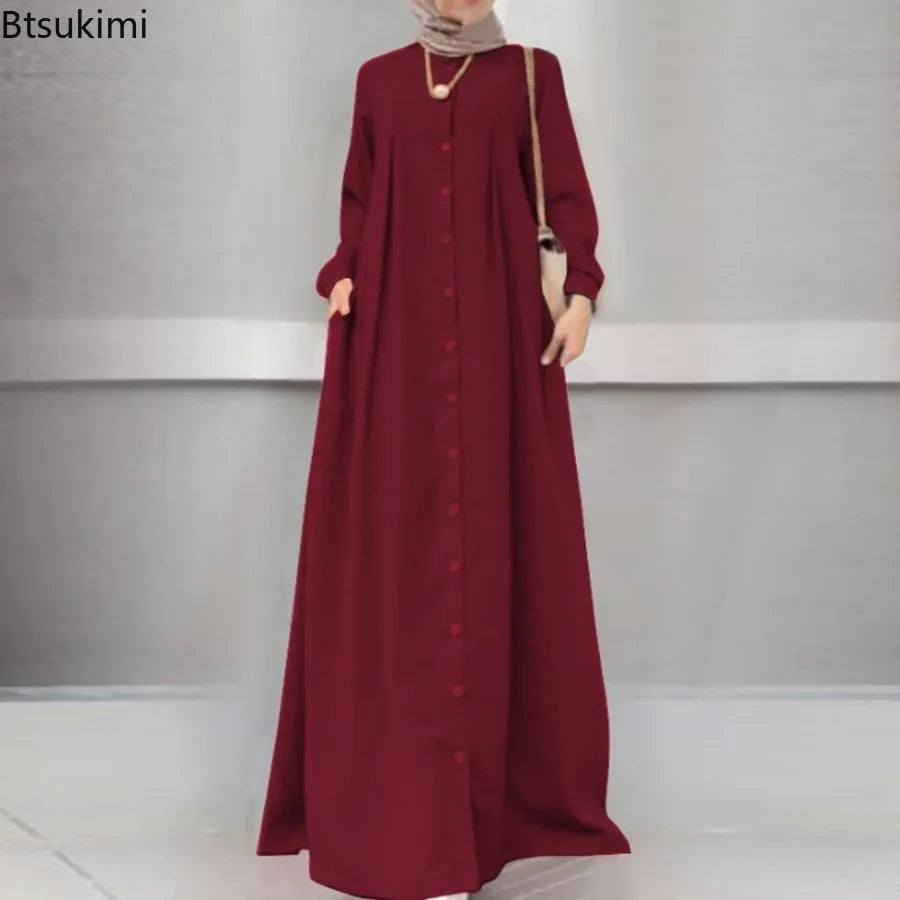 2025Spring Autumn Maxi Long Dress Women Muslim Long Sleeve Dress Loose Casual Dresses Vintage Hijab Islamic Clothing Caftan Robe.