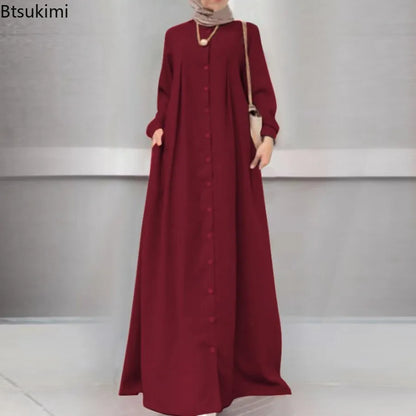 2025Spring Autumn Maxi Long Dress Women Muslim Long Sleeve Dress Loose Casual Dresses Vintage Hijab Islamic Clothing Caftan Robe.