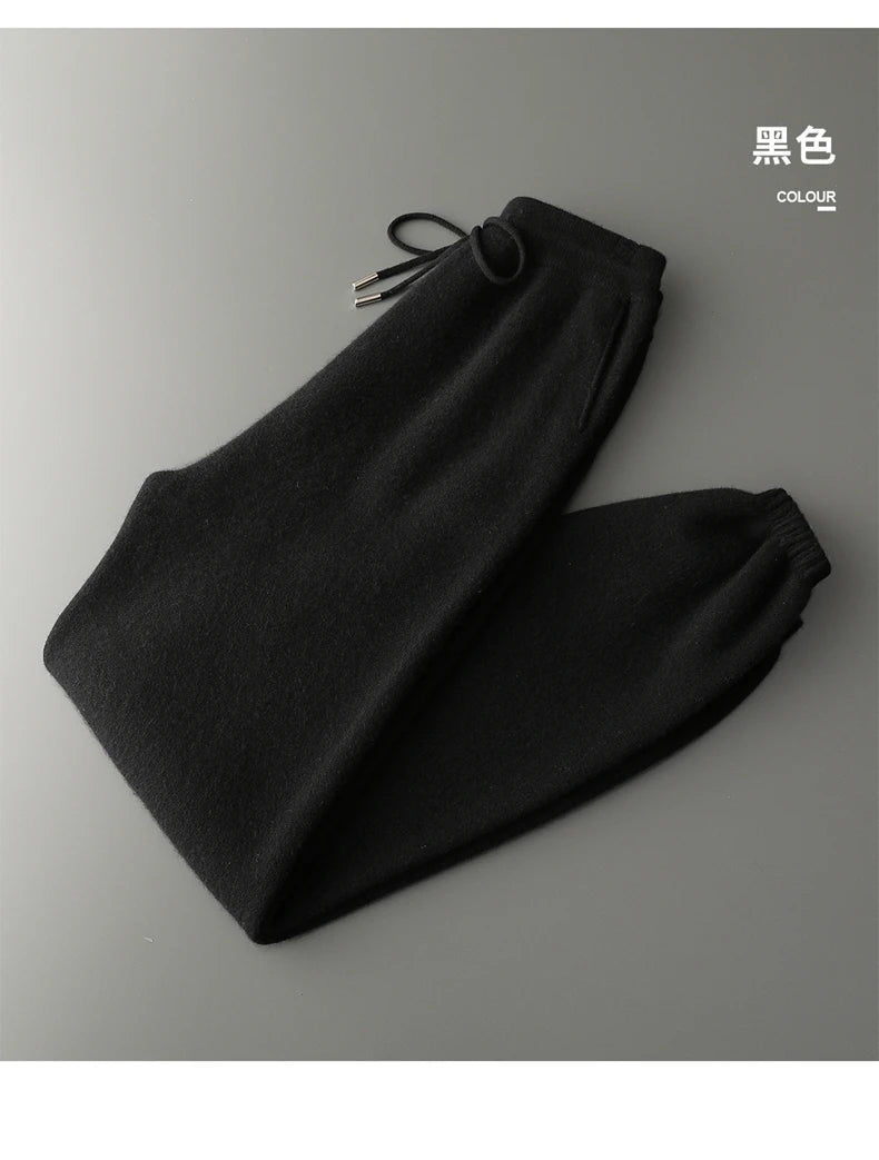 Autumn Winter New Thickened 100% Pure Cashmere Pants for Men High Waist Knitted Jogger Pants Solid Color Versatile Harem Pants