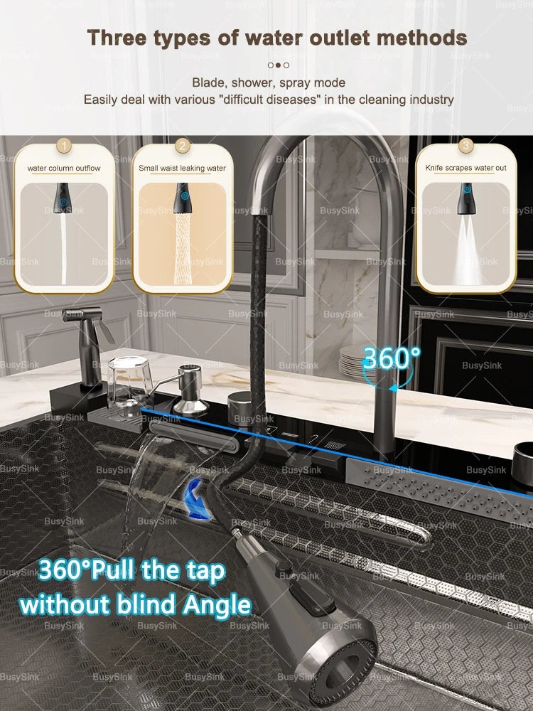 Küchenspüle aus Edelstahl mit Wasserfall, extra große Einzelschüssel, Digitalanzeige, multifunktionale Geschirrspülbecken
