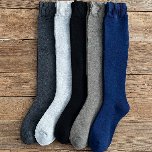 3 Pars Men's Winter Thick Warm Knee-High Cotton Socks - High-Quality Long Black Casual Fashion Socks for Cold Weather.