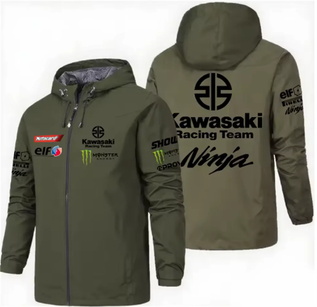 Racing team jacket with Kawasaki logo, men's waterproof and windproof sportswear, 2025 new outdoor sports fashionable fan jacket.
