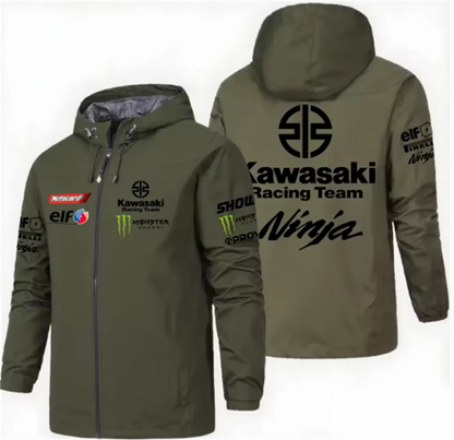 Racing team jacket with Kawasaki logo, men's waterproof and windproof sportswear, 2025 new outdoor sports fashionable fan jacket.