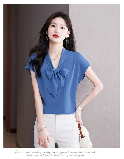 Bow Tie Blouse Shirt for Women OL Elegant Blouses Satin Womens Tops Silk Female Clothing 2023 Korean Fashion Short Sleeve Blouse