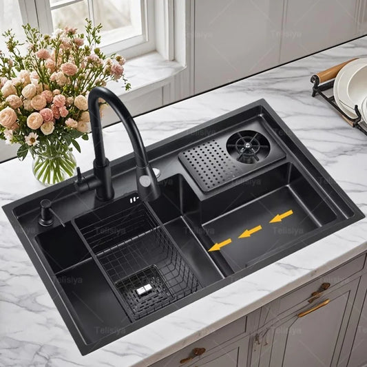 Stepped Stainless Steel Sink Kitchen with Cup Washer Multifunctional Large Single Slot Washbasin Dishwasher Sinks