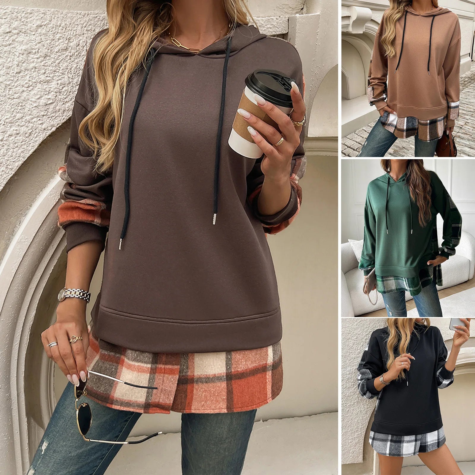 Women's Hoodie For Autumn And Winter 2025; Color-blocked Casual Pseudo Two-piece Raglan Long-sleeved Sweat For Women.