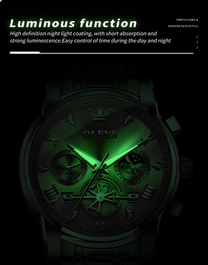 OLEVS Men's Watches Classic Multifunctional Fltwheel Chronograph Original Quartz Wristwatch Moon Phase 24 Hour Waterproof reloj.
