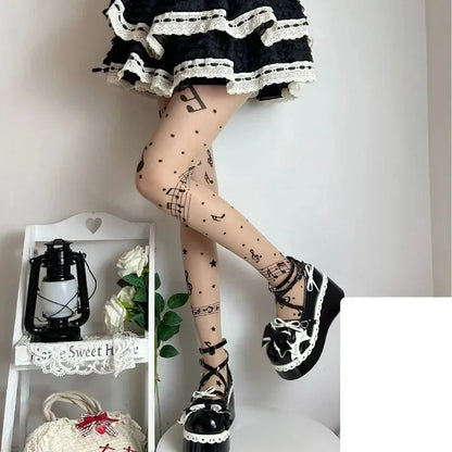 Women Personalized Stocking Gothic Music Notes Print Tights Thin High Elasticity Black Skin Leggings Spicy Girls Y2K Hosiery