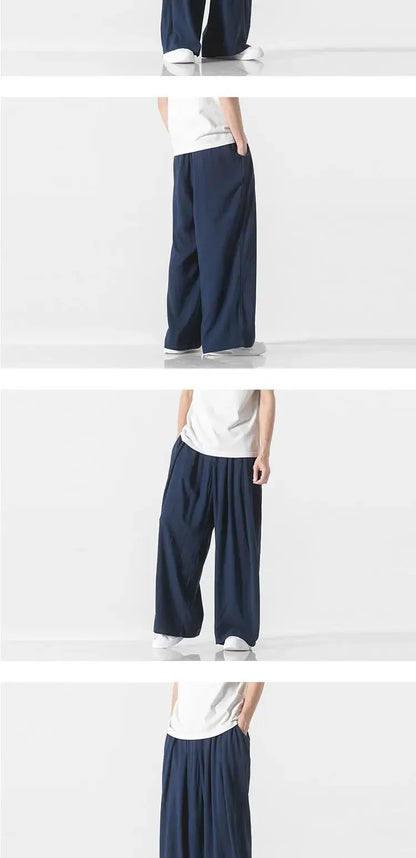 Hanfu Spirit Draped Linen Pants For Men Straight-leg Casual Trousers Chinese Style Loose-fit Ancient Wide-leg Song Trousers.