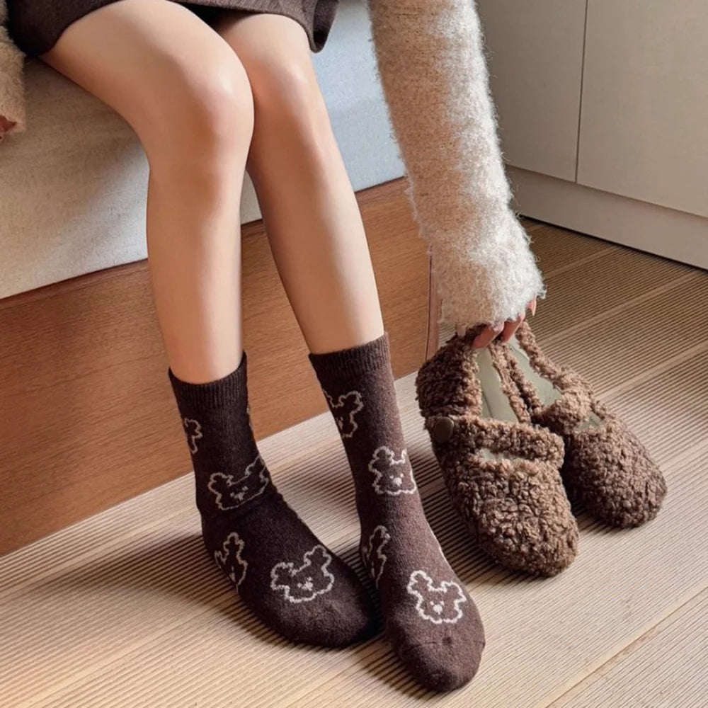 Christmas Gift Socks Women Winter Keep Warm Wool Socks Cute Bear Cartoon Happy Funny Kawaii Daily Streetwear Woman Floor Socks.