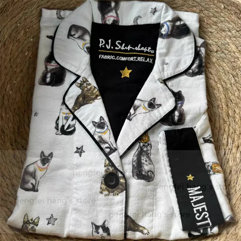 Black Cartoon Sleepwear Long Sleeve Top Pant Soft Cotton Pajamas Suit 2Pcs Embroider Letter Homewear Lady Autumn Loungewear.