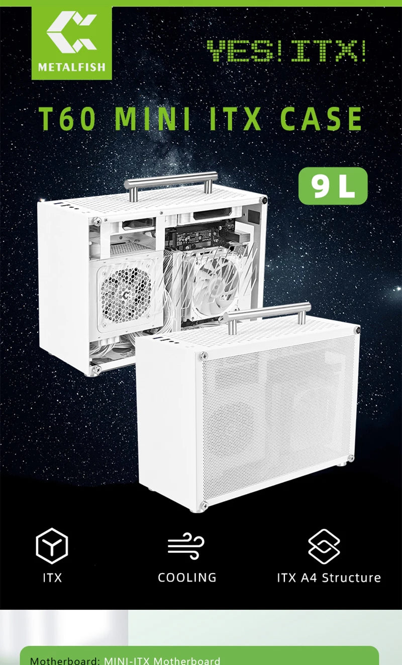 METALFISH T60 Mini ITX Black Case 9L Gaming Computer Chassis Compact transparent PC Support SFX PSU/300mm GPU.