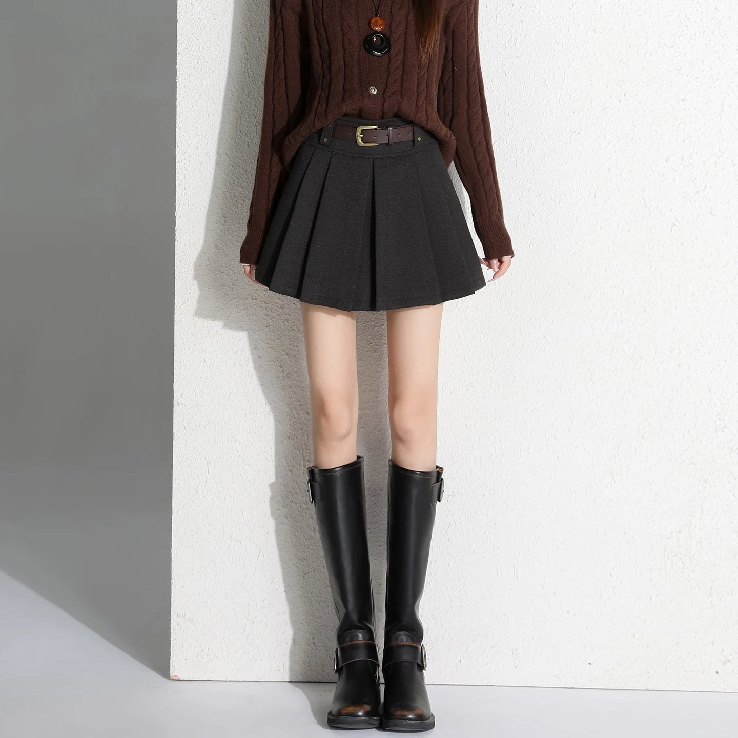 Preppy Style Coffee Woolen Skirt for Women Autumn Winter 2025 Chic High-waisted Mini Skirt Female Korean Thick Outwear Faldas.
