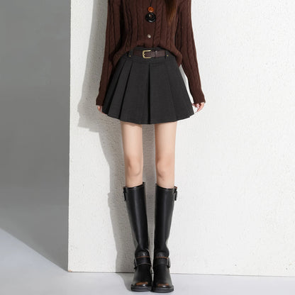 Preppy Style Coffee Woolen Skirt for Women Autumn Winter 2025 Chic High-waisted Mini Skirt Female Korean Thick Outwear Faldas.