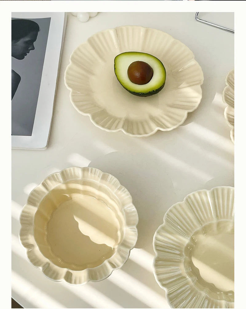 Ahunderjiaz-French Beige Ceramic Tableware Set, Underglaze Dessert Tray, Rice Bowl, Fish Plate, Kitchen Tableware Set, Cream Sty.