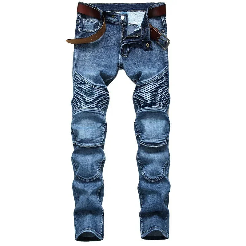 Herbst männer Patchwork Vintage Biker Jeans Hip Hop Hosen Dünne Gerade Elastische Radfahren Denim Hosen Männlichen Mode Streetwear.