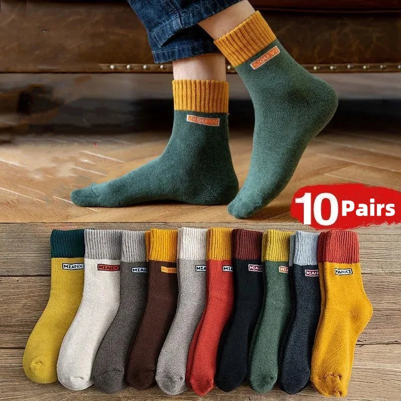 10Pairs/Men's Cotton Socks Winter Autumn Thickened Warm Mid-tube Socks Cotton Loop To Keep Warm Antibacterial Socks for MenWomen.