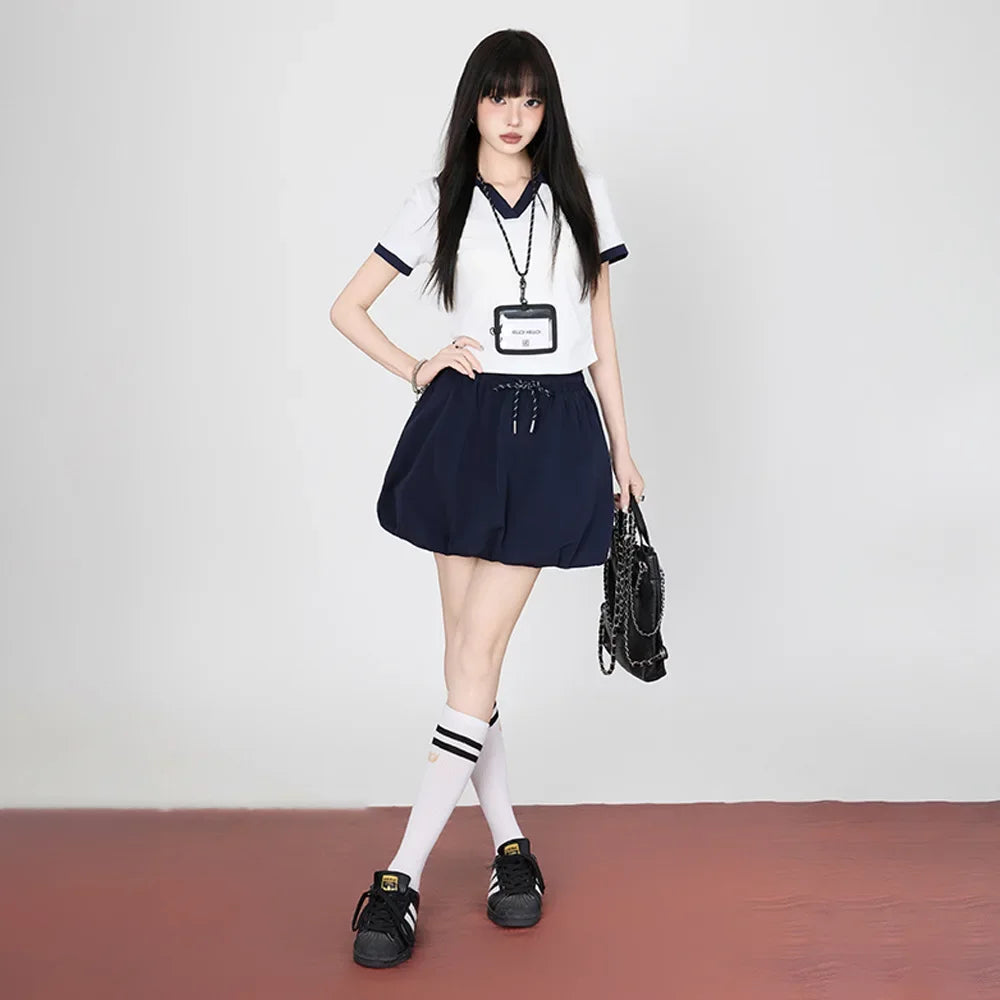 Korean College Style Half-length Shorts Floral Pants White Short-sleeved Set 2025 Versatile New Model Cotton V-neck T-shirt.