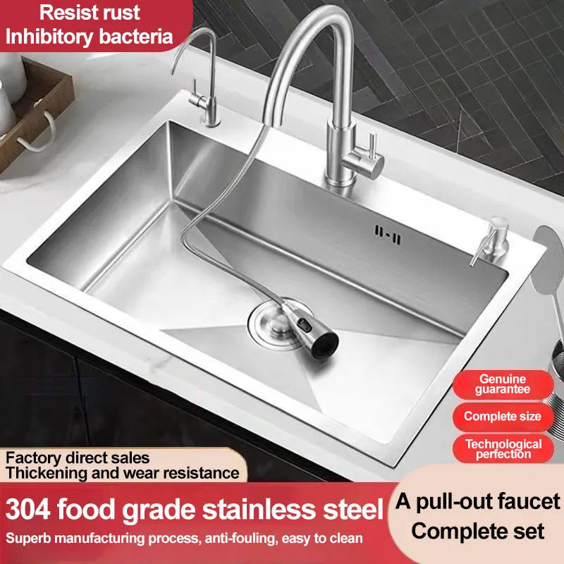 Thickened 304 Stainless Steel Single Sink Kitchen Sink Undermount Dishwashing Trough for Home Improvement