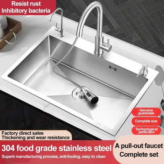 Thickened 304 Stainless Steel Single Sink Kitchen Sink Undermount Dishwashing Trough for Home Improvement