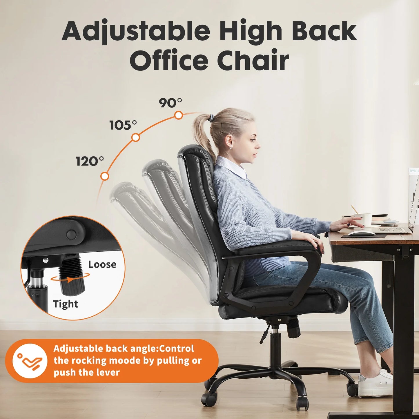 JHK Ergonomischer PU-Leder gepolsterter Armlehnen-Wohnzimmer-Schaukel-Gaming-Stuhl, drehbares Rad mit Lordosenstütze, Gaming-Stühle