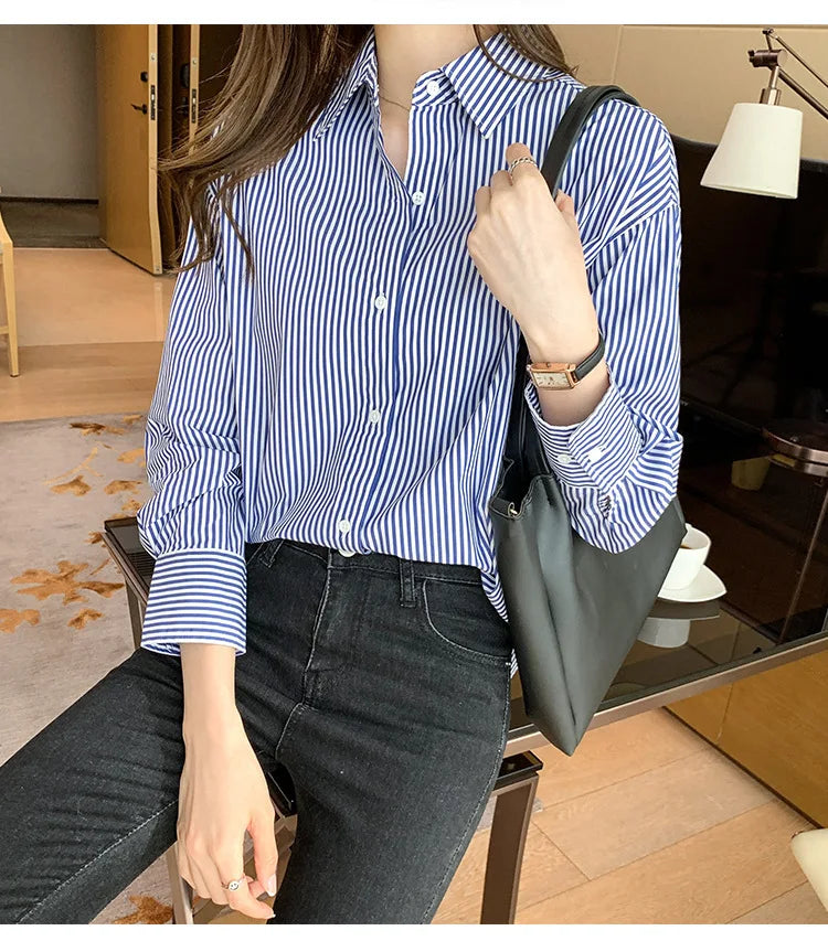 1pcs Woman Four Season Stripe Shirts Lady Casual Long Sleeve Turn-down Collar Loose Shirt Female Business Attire Korean Tops.