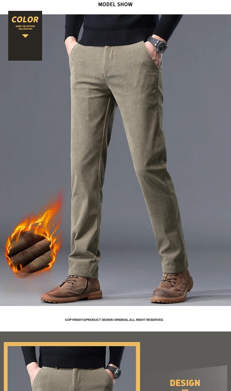 Khaki Black Gray Fleece Men's Corduroy Casual Pants Chenille Thick Stretch Business Trousers Mid-rise Brand Winter Thermal Pants.