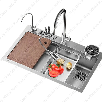 Küchenspüle aus Edelstahl 304, großes Fassungsvermögen, Wasch-/Schnitt-/Abfluss in einem, komplettes Set, multifunktionale Gemüse-Arbeitsstation für den Haushalt