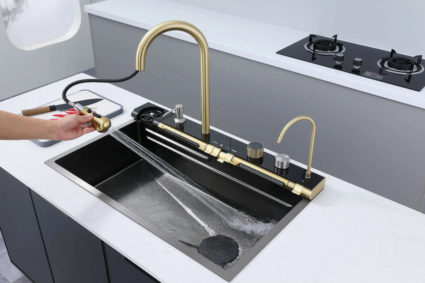 Golden Household Stainless Steel Waterfall Kitchen Sink MultiFunction Wash Vegetable and Dish Countertop Basin Large Single Slot