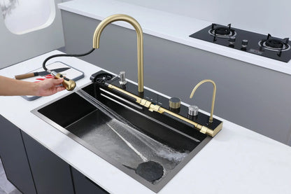 Golden Household Stainless Steel Waterfall Kitchen Sink MultiFunction Wash Vegetable and Dish Countertop Basin Large Single Slot