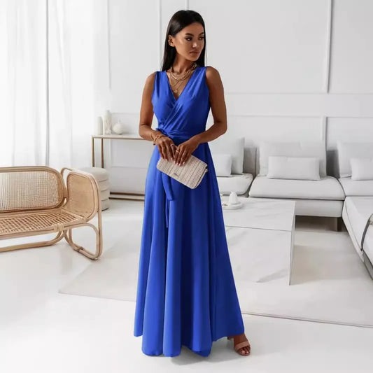 Frühling Sommer Neue Stil frauen Lange V-ausschnitt Kleid Reine Farbe Maxi Kleid Ärmelloses Empire-Taille Kleid für Damen Modische