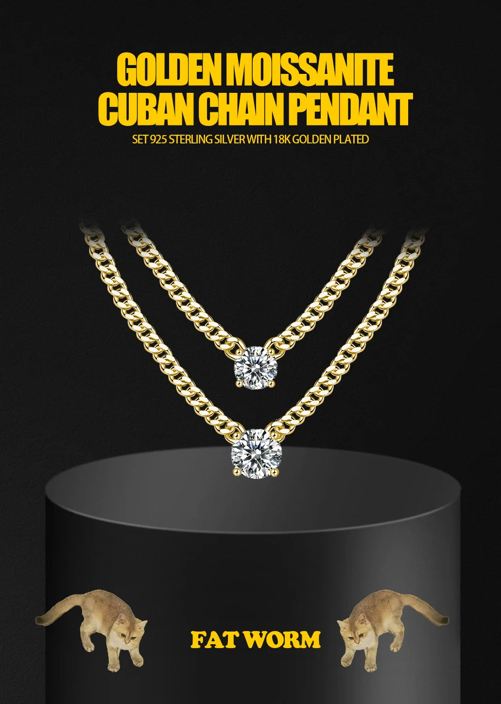 1ct 2ct 3ct Moissanite Cuban Chain Pendant Necklace - Elegant Design in 18K Gold Plated S925 Sterling Silver for Women.