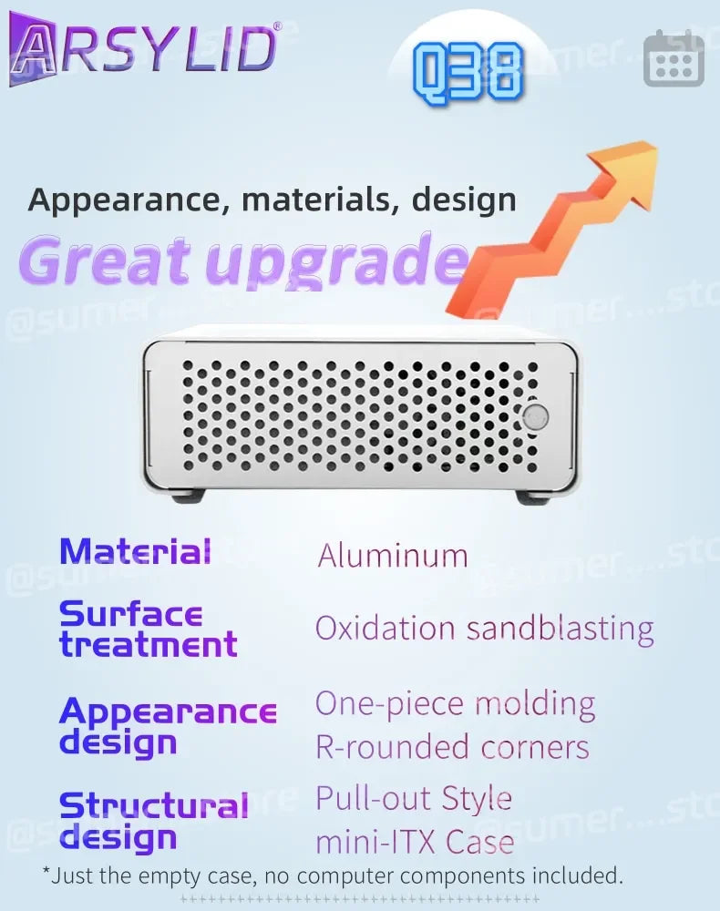 ARSYLID Q38 ITX Aluminum Chassis Pull-Out Style Mini Case 58mm CPU Radiator.