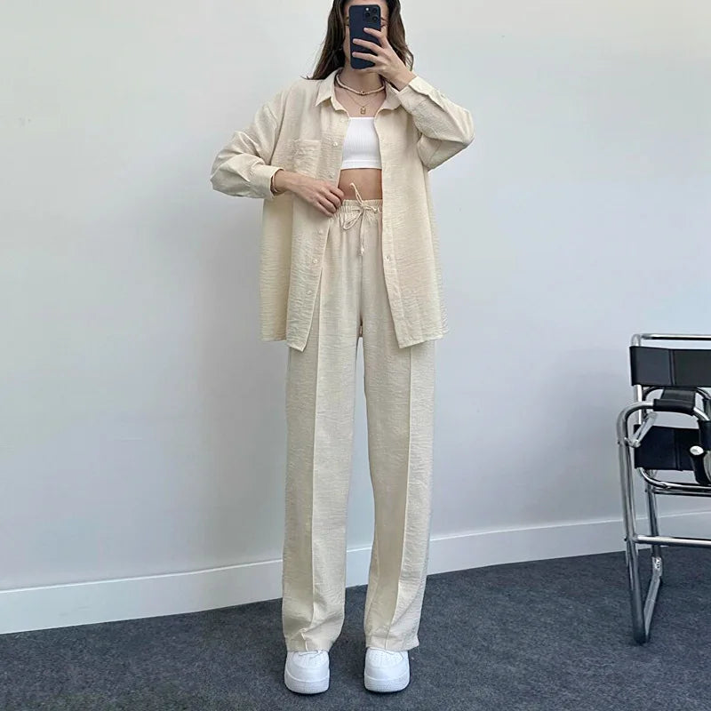 New Autumn Red Women Casual Two-piece Set, Features A Thin Long-sleeved Lapel Shirt Paired with Matching Drawstring Trousers.