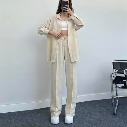 New Autumn Red Women Casual Two-piece Set, Features A Thin Long-sleeved Lapel Shirt Paired with Matching Drawstring Trousers.