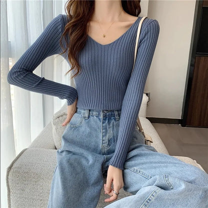 2025 einfarbig Schlank Pullover Koreanische Herbst Winter V-ausschnitt Pullover Mode Lässig Langarm Gestrickte Pullover Frauen Kleidung