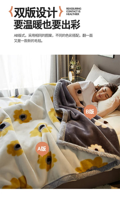 Double Sided Printed Autumn Winter Blankets for Bed Soft Warm Encrypted Flocking Raschel Blanket Skin Friendly Weighted Blanket.