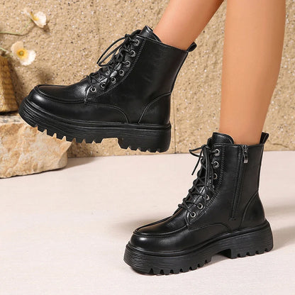 Women's Pu Leather Platform Ankle Boots Plus Size 35-42 Lace Up Motorcycle Boots Women Comfort Wide Leg Black Short Booties.
