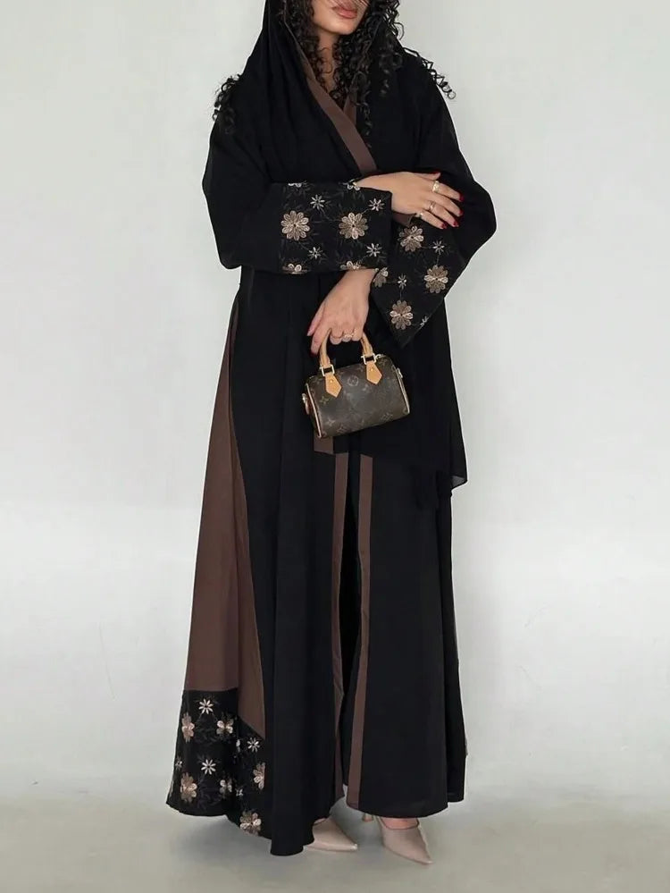 Middle Eastern Women Printed Floral Abaya Muslim Full Sleeve Loose Open Front Abayas Elegant Kaftan Jilbabs Islamic Maxi Dresses.