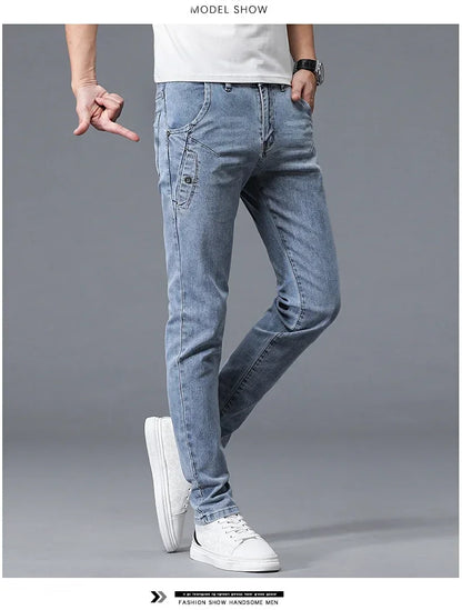 2024 New Men's Skinny Jeans Blue Gray Cotton Elasticity Straight Pencil Foot Slim Fit Fashionable Casual Denim Long Pants Male.