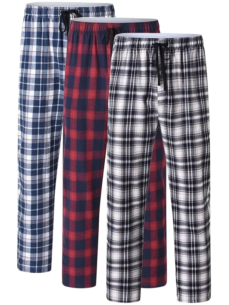 3Pcs Men's 100% Cotton Plaid Pajama Sleeping Pants, Long Plaid Print Sleepwear Pajama Pants with Elastic Waist Homewear