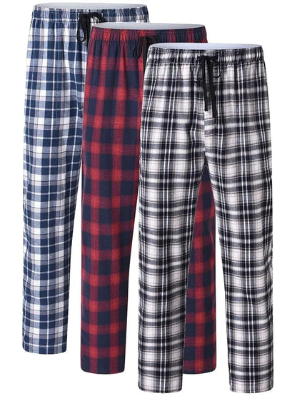 3Pcs Men's 100% Cotton Plaid Pajama Sleeping Pants, Long Plaid Print Sleepwear Pajama Pants with Elastic Waist Homewear