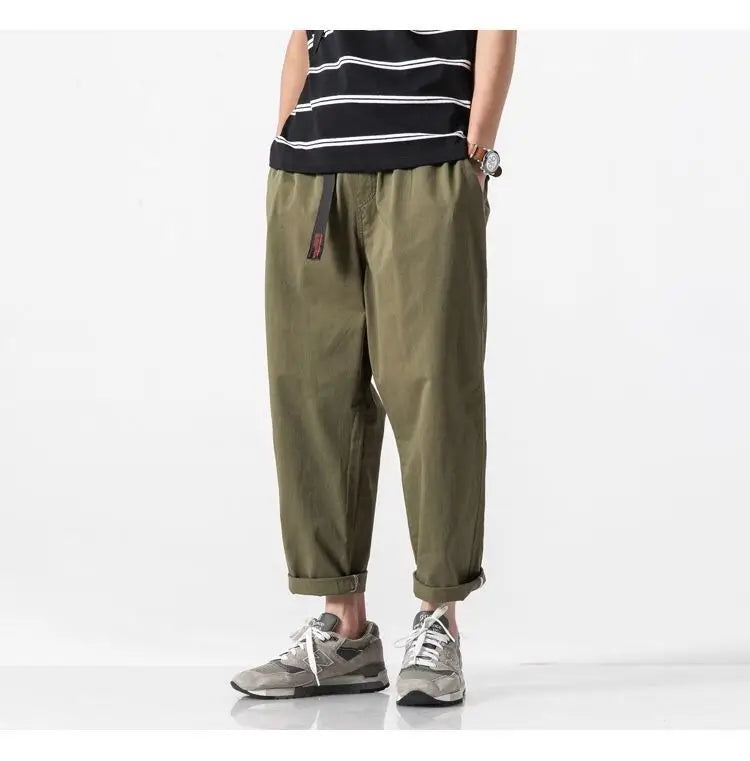 100% Cotton Casual Summer Pants With Belt Men Straight Baggy Ankle-Length Cargo Trousers Wide Leg Sweatpants Male Streetwear.