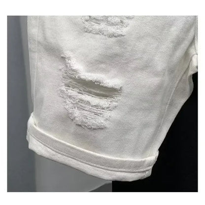 New Men's Denim Shorts Trendy Solid Color Ripped Slim Fit High Waist Elastic Waist Breathable Quick Dry Cotton Pants.
