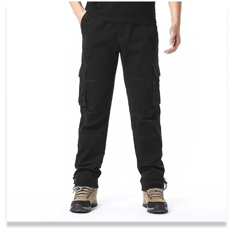 Solid Cotton Multi Flap Pockets Men's Straight Leg Cargo Pants, Loose Casual Outdoor Pants, Men's Work Pants Outdoors Streetwear.