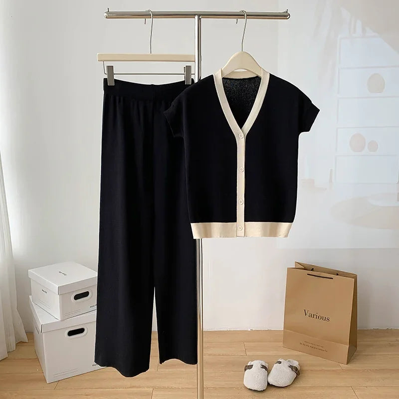 Fashion Knitted 2 Pieces Sets Women V-Neck Single Breasted Cardigan+High Waist Wide Leg Long Pants 2024 New Solid Sweater Suits.