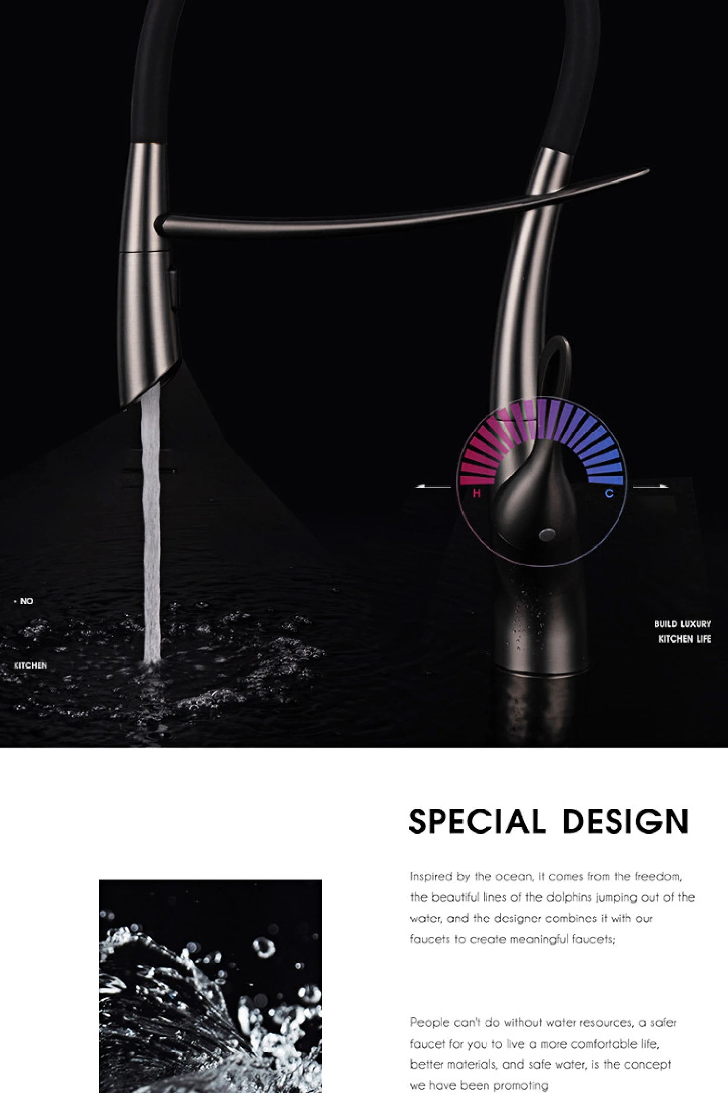 Moderner Luxus-Küchenarmatur aus schwarzem Messing, ausziehbares magnetisches Saugdesign, Einhebelmischer für heißes und kaltes Wasser mit 2 Funktionen